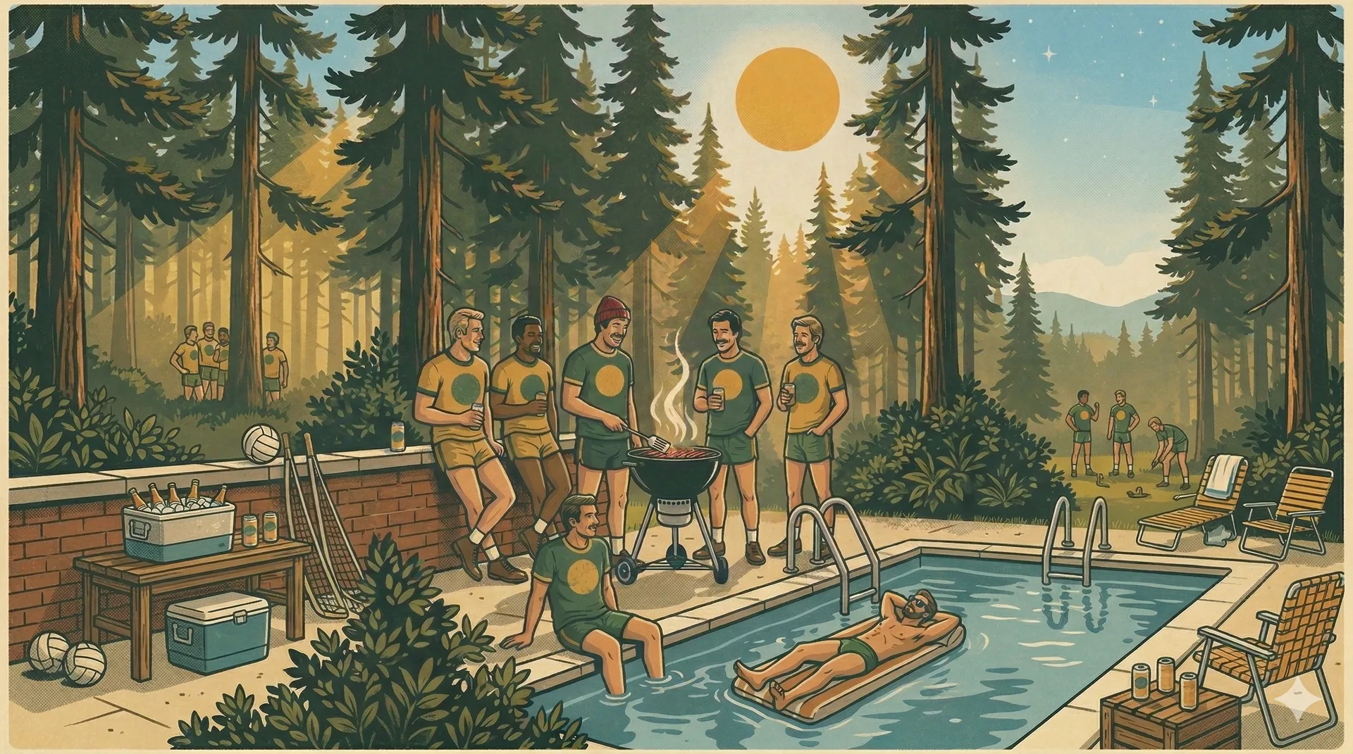 Men gathered at the pool after competition