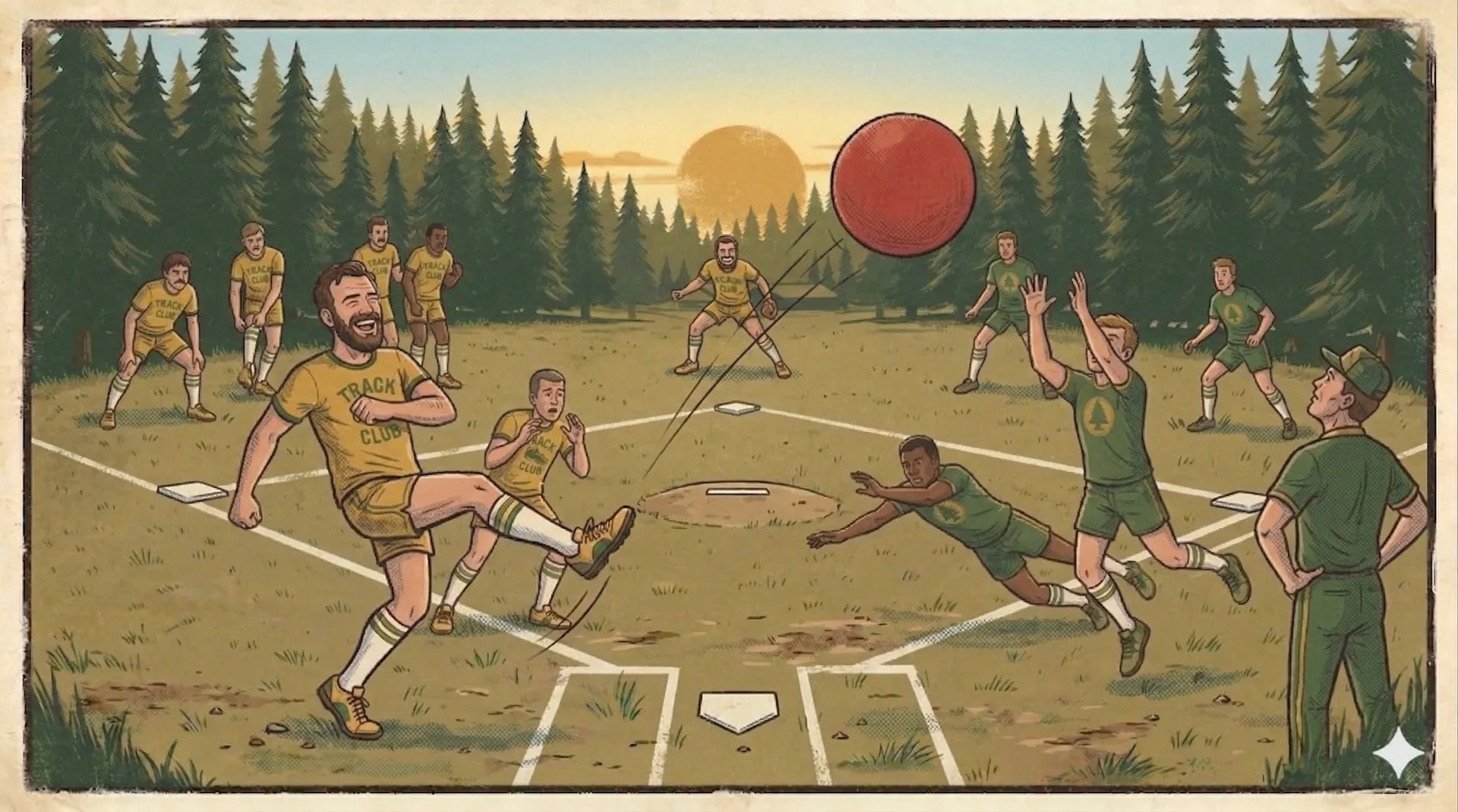 Men playing kickball at camp