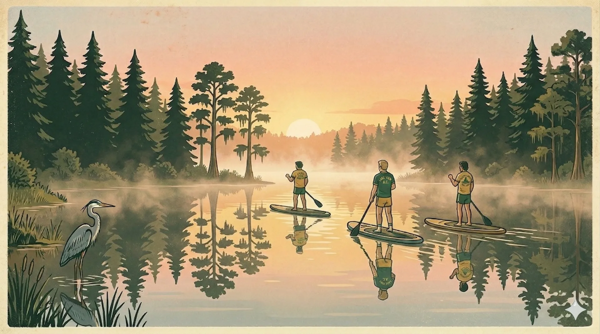 Sunrise paddleboard on still water