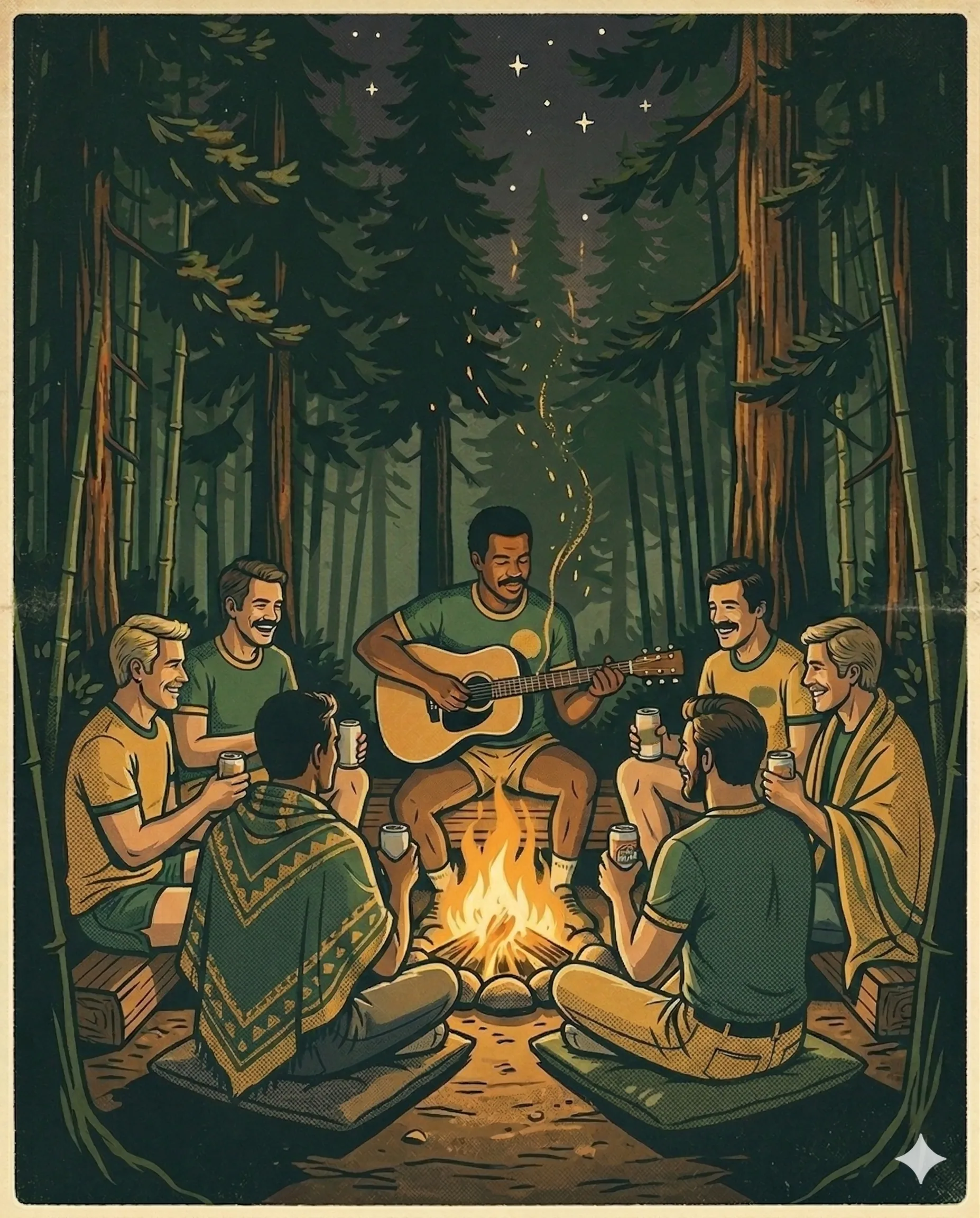 Men around the campfire at night